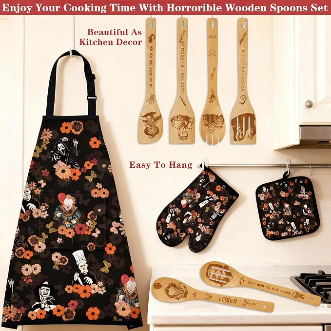 Horror Merch,9Pcs Bamboo Cooking Utensils Set,Spoons with Apron Oven Mitts Pot Holder,Halloween Horror Gifts for Men Women,Horror Decor,Horror Collectibles,Spooky Kitchen Accessories