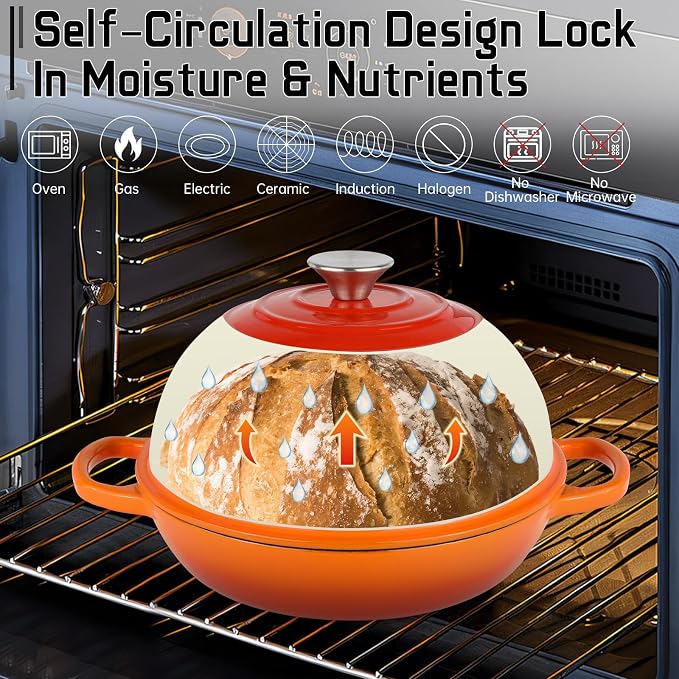 Enameled Bread Oven Dutch Oven Pot with Lid Bread Dutch Oven Orange | for Sourdough Bread Baking, 6 Quarts 10" Cast Iron Bread Pan with Dome Lid, Non-stick Cookware for Homemade Bread