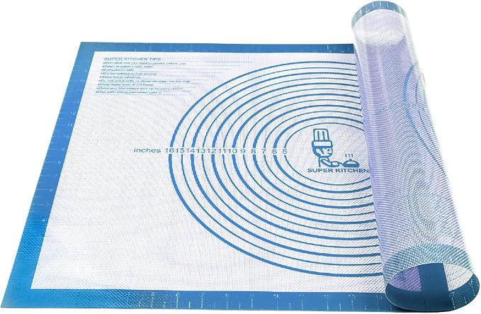 Nonstick Silicone Pastry Mat Extra Large with Measurements Dough Baking Mat | 28'' x 20'' Silicone Baking Mat Counter Dough Rolling Fondant/Pie Crust Sourdough Bread Supplies By Folksy Super Kitchen Blue