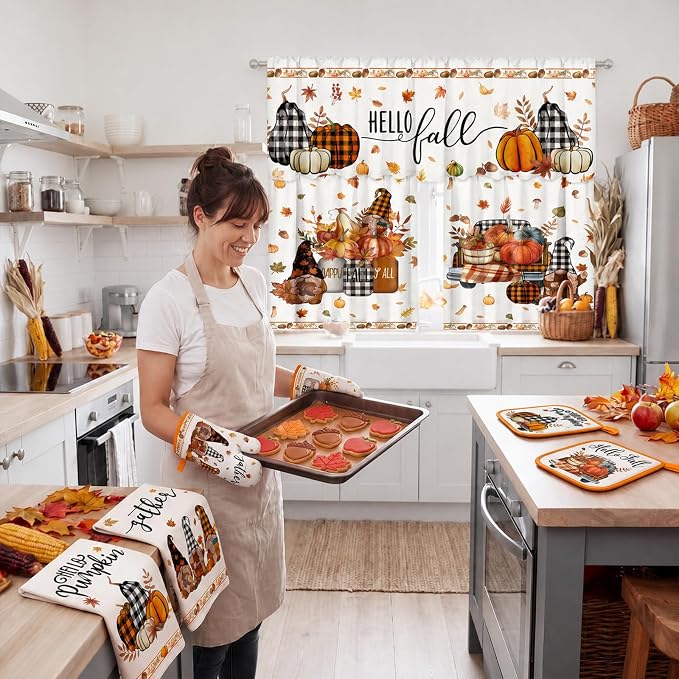 13 Pcs Fall Thanksgiving Kitchen Set with Pumpkin Towels Nonslip Mats Curtains Fall Valance Pot Holders Oven Mitts for Home Cooking Grilling Gift Harvest Autumn Home Decor