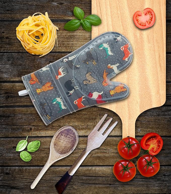 Oven Mitts with Transparent Clear Silicone Shell and Nice Dog Printing | Cotton Lining Set of 2 Kitchen Mittenes Heat Resistant to 500 F Oven Gloves Pot Holder for Cooking (Grey)