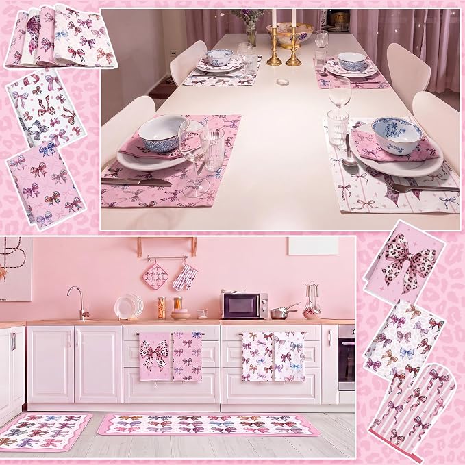 Fourluoo 16 Pcs Pink Leopard Kitchen Decor Set 4 Pink Kitchen Towels 2 Non Slip Rugs and Mats for Floor 2 Oven Mitts Gloves 2 Pot Holders 4 Placemats 2 Curtains for Home Decoration Women Gift
