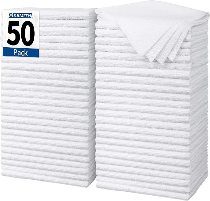 White Microfiber Cleaning Cloth, Pack of 50, 16"X12" Cleaning Rags for Housekeeping and Kitchen, Reusable Shop Towels, Microfiber Towels for Cars, Lint Free, Scratch-Free, Highly Absorbent