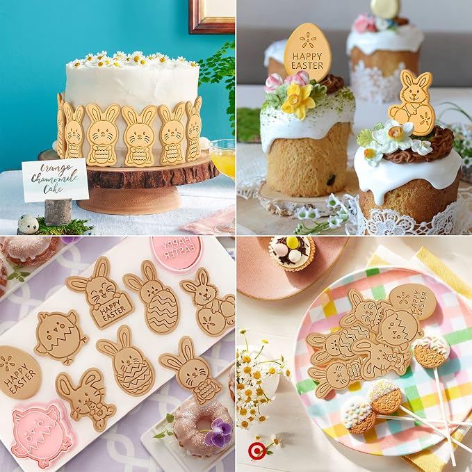 Easter Cookie Cutters Set, 8 Pcs Cookie Cutter with Plunger Stamps | 3D Cookie Stamps for Easter Biscuit Snacks Cheese Baking, Different Shapes, Rich Details and Textures