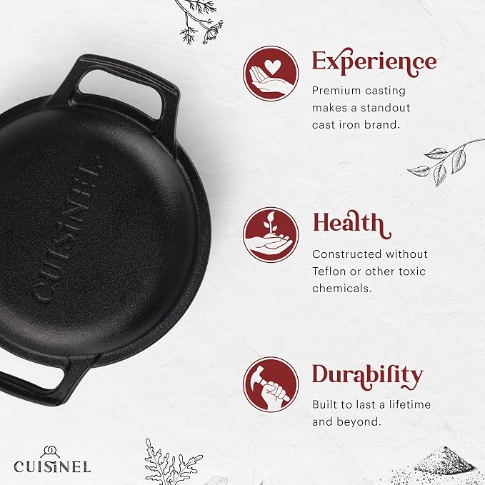 Cuisinel Cast Iron Dutch Oven - 3-Quart Deep Pot - Pre-Seasoned 2-in-1 Multi-Cooker - Combo Lid Doubles as 8"-inch Skillet + Silicone Handle Covers + Scraper - Use for Baking Bread. PFAS and PFOA-free