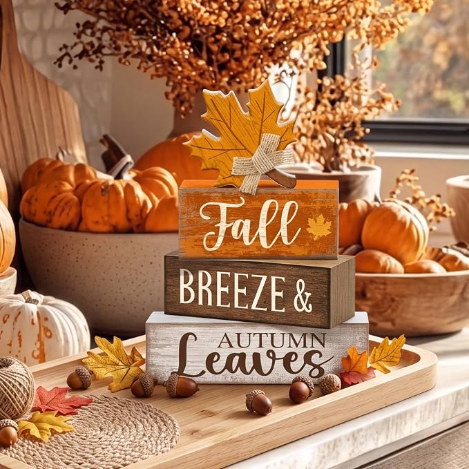 Lineshading 4 Pcs Wooden Fall Block Signs Farmhouse Tabletop Decor | Rustic Home Accent for Tiered Trays, Autumn Leaves Theme, Stacked Design for Seasonal Display, Harvest Lettering
