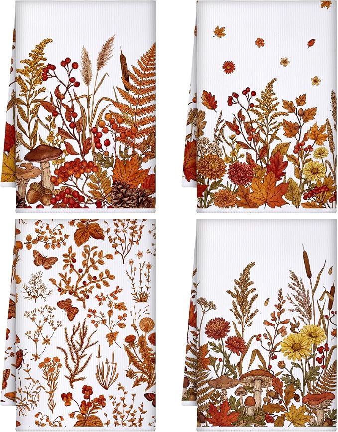 4 Pcs Fall Flower Kitchen Towels, Dark Orange Dish Towels Gift | Fast Drying Absorbent Dishcloths with Hanging Loop for Cleaning Cooking, Farmhouse Autumn Kitchen Decor Housewarming Gift