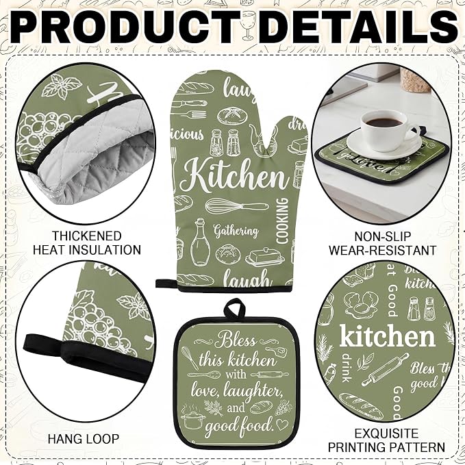 10 Pcs Kitchen Decor and Accessories Set, Farmhouse Sage | Green Baking Happiness 4 Dish Towels Kitchen Rugs 2 Oven Mitts 2 Pot Holders, Home Decor for Cooking Baking BBQ Housewarming