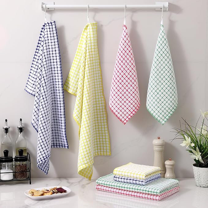 Homaxy Kitchen Towels and Dishcloths Set, Set of 8, Blue/Yellow/Red/Green | Cotton Terry Kitchen Dish Towels, Super Soft and Absorbent Dish Cloths, 16 x 25 and 12 x 12 Inches