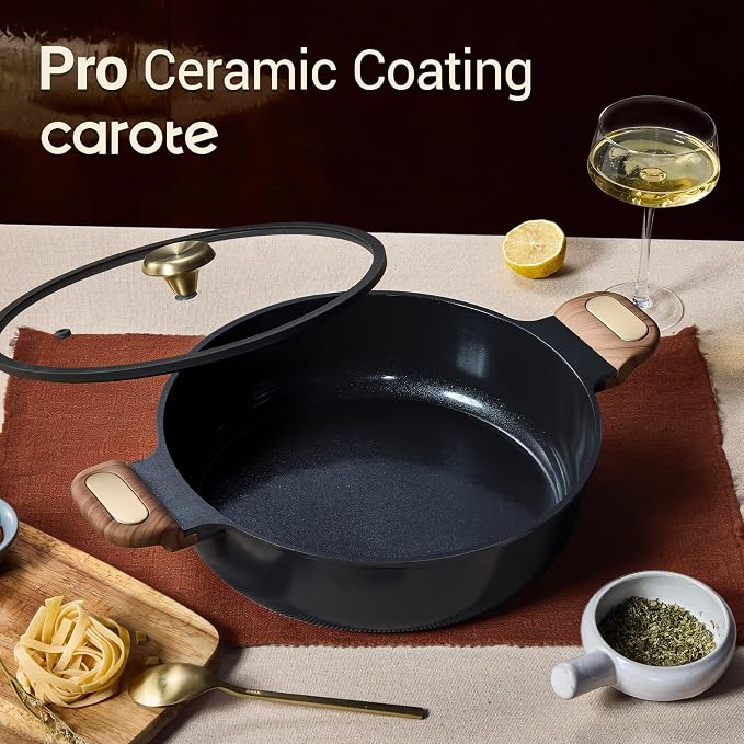 CAROTE 4.5Quart Stock Pot with Lid, Non Toxic Ceramic Soup Pot, Nonstick Cooking Pot, PFAS Free, Dishwasher Safe, Even Heating, Compatible with All Stoves, Charcoal Black