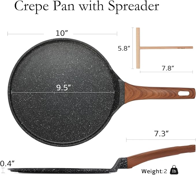 ESLITE LIFE 9.5 Inch Crepe Pan with Spreader, Nonstick Granite Coating Dosa Pan, Roti Tawa Comal Para Tortillas Pancake Griddle Pan, Induction Compatible, PTFE & PFOA Free, Black