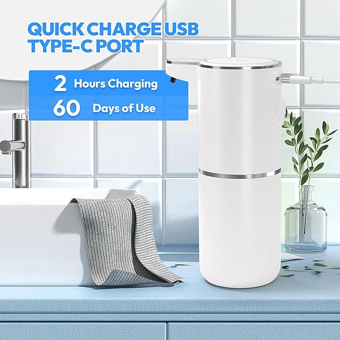 2 Pack Automatic Foaming Soap Dispenser,Touchless Foam Soap Dispenser,12.8oz Rechargeable Wall Mounted Smart for Bathroom and Kitchen Dish Soap,Easy for Toddlers(White)