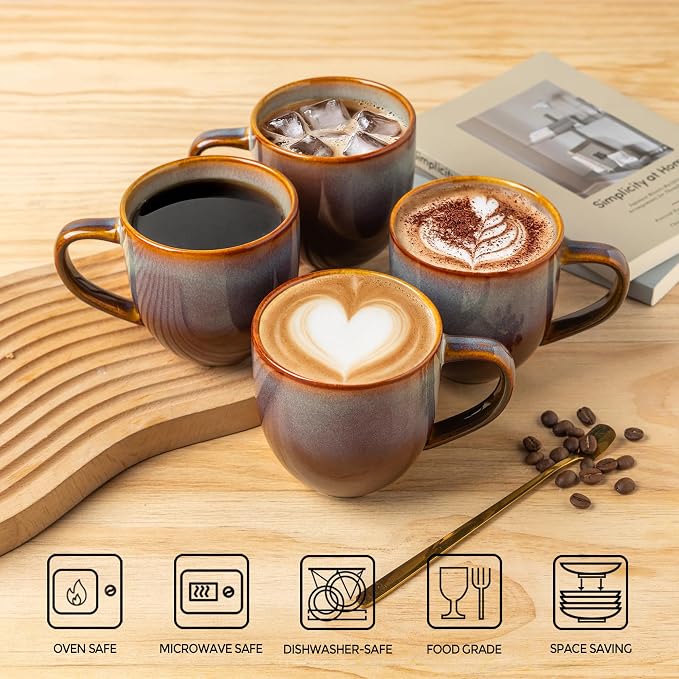 theterra Ceramic Coffee Mugs Set of 6, 12 oz Coffee Cups with Handle | Handmade, Suitable for Latte, Tea, Milk, Beer & Hot Cocoa, Dusk Blue