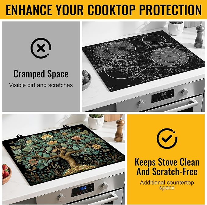 NYZE Stove Top Cover for Electric Stove 28x20 Inch Silicone Stove Topper & Protector, Decorative Kitchen Mat for Electric/Glass Stove Top (Teal & Gold Floral Tree)