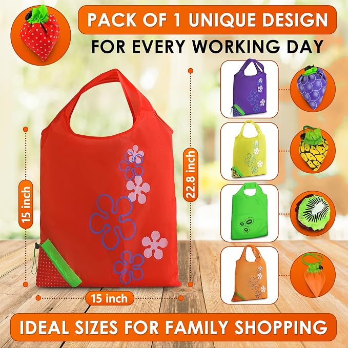 5 Pcs Reusable Grocery Fruit Bags, 15"x15", Washable Tote Bag (5 Colors) | Micro Tote Bag; Polyester Fabric; Wrist Strap, Fruit Shape Design; for Grocery Shopping, Beach Trips, Work, Picnics, and More