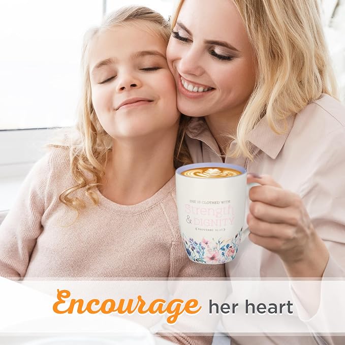 Christian Art Gifts Scripture Ceramic Encouraging Coffee and Tea Mug for Women: Strength and Dignity - Proverbs 31:25 Inspirational Bible Verse Cup for Hot and Cold Beverages, White & Lavender 12 oz.