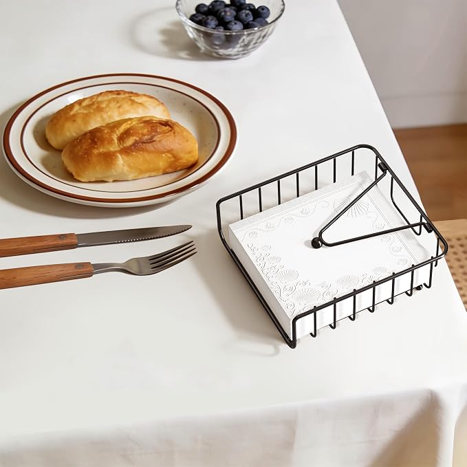 Napkin Holder for Table with Weighted Arm, Dinner Metal Flat Napkin Holders for Paper Napkins, Outdoor Napkin Dispenser Restaurant (Black)