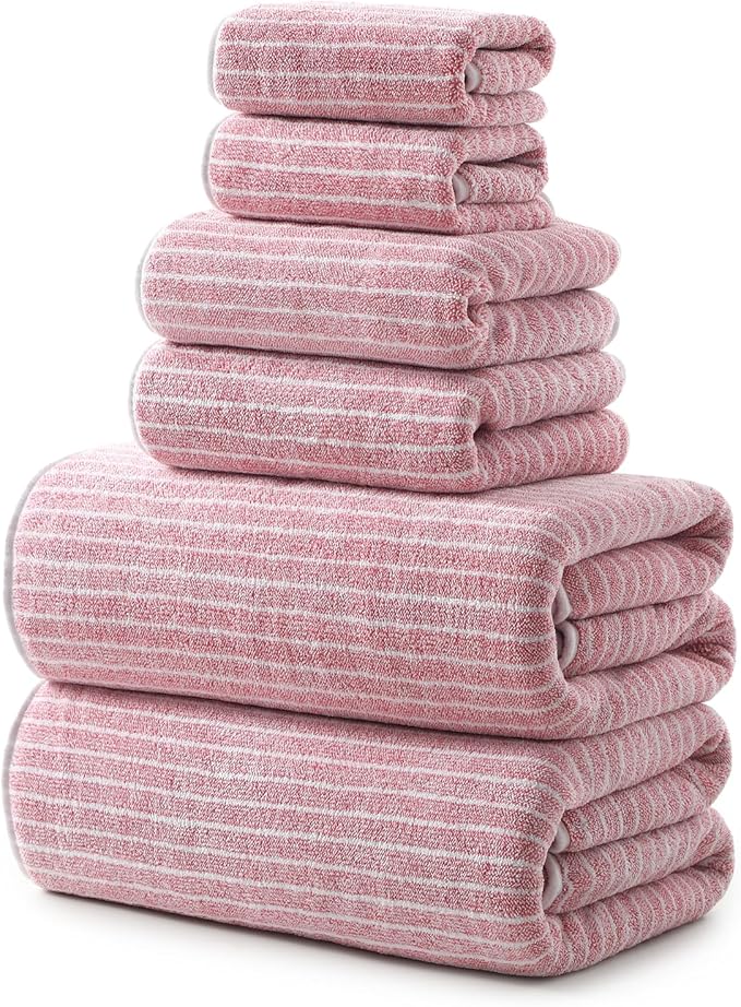 REDKISS 6-Piece Microfiber Bath Towel Set, Ultra Soft, Highly Absorbent & Quick Dry, 35x70 Inch Oversized, Pink Towels for Bathroom, Spa, Gym, 2 Bath 2 Hand 2 Washcloths