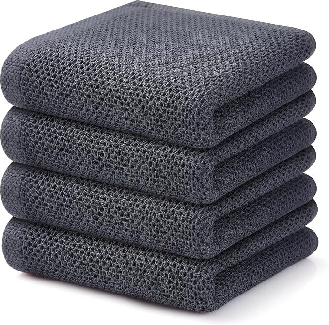 Kitinjoy 100% Cotton Waffle Weave Kitchen Towels, 4-Pack Super Soft and Absorbent Dish Towels for Drying Dishes, Kitchen Hand Towels, 13 in x 28 in, Dark Grey | Super Soft, Ultra-Absorbent, Fast Drying, lightweight, Quick Drying Kitchen Hand Towels
