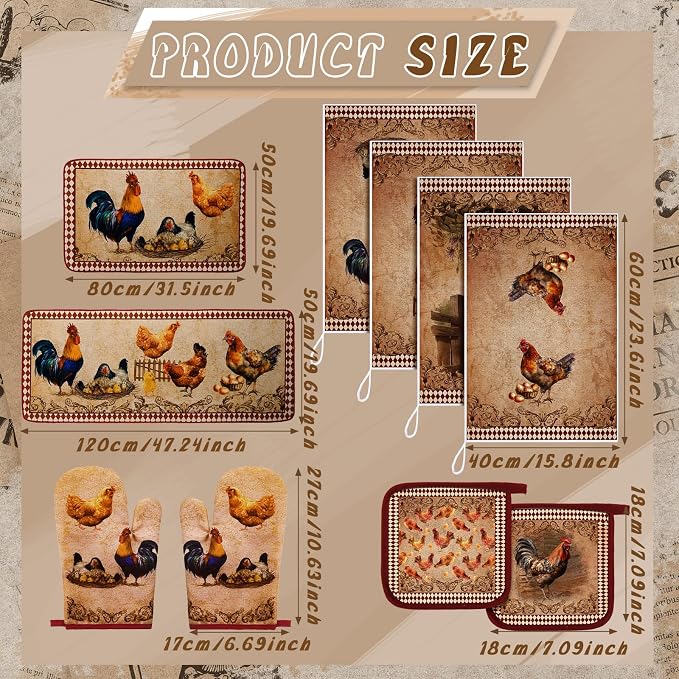 Fourluoo 10 Pcs Rooster Chicken Kitchen Dish Towels Rugs Oven Mitts and Pot Holders Sets Farmhouse Rustic Rooster Kitchen Decor Set for Cooking Baking Grilling Women Mom Gift(Brown)