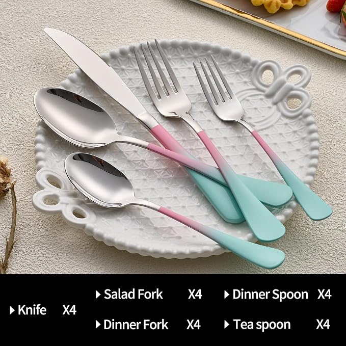 20-Pieces color Silverware Sets for 4,Pink and Green Handle Stainless Steel Cutlery Set, Include Forks Spoons and Knives Set, Dishwasher Safe Utensil Sets for Home Restaurant