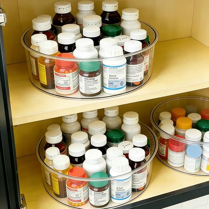 Medicine Bottle Organizer, Rotating Medicine Organizer for Cabinet, 11.98" Diameter, Large Capacity Transparent Pill Bottle Storage for Vitamin Pantry Countertop