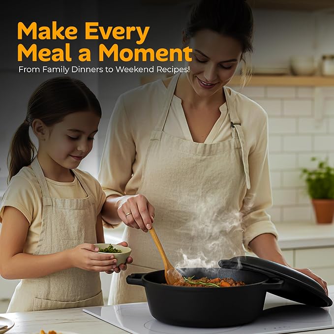 KICHLY Cast Iron Dutch Oven 5 QT with Skillet Lid Pre-Seasoned PFAS-Free | Dual Purpose Skillet Lid, Griddle Pan Included, Bread Baking, Roasting, Grilling, Camping Use, Heavy Duty