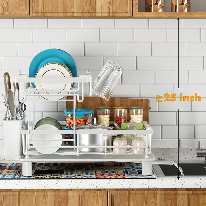 Large 2 Tier Detachable Dish Drying Rack for Kitchen Counter,White | Compact Dish Drainer, Rust-Resistant Dish Rack with Drainboard, Utensil Holder, Cup Holder for Small Space,Kitchen Organizer