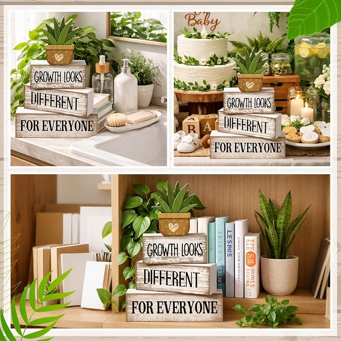 Lineshading 4 Pcs Growth Looks Different for Everyone Farmhouse Signs | Stacked Wood Blocks with Faux Succulent, Rustic White Inspirational Decor, Office Classroom Tiered Tray Teacher Gifts