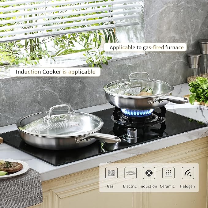 DELARLO Tri-Ply Stainless Steel Pan,18/10, 8",10,12" | Nontoxic Durable Oven Safe 800℉ All Cooktops Compatible Fast Even Heat PFOA Free Large Frying Pan Nontoxic Cookware