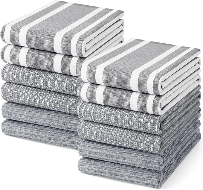 Homaxy Cotton 380 GSM Premium Kitchen Towels, 18"x 28", 12 Pack, Grey | Soft and Absorbent Terry Dish Towels, Multipurpose Tea Towel Set with Hanging Loop, 3 Styles Kitchen Hand Towels