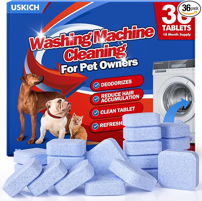 USKICH 36 Pack Washing Machine Cleaner Tablets for Pet Owners Pro, Deep Cleaning Pet Hair Remover for Laundry,Eliminates Odors,Compatible with HE, Top & Front Load Washer