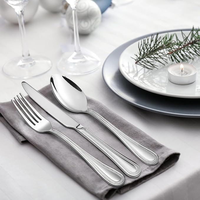 HaWare Silverware Set, 60-Piece Pearled Edge Stainless Steel Flatware for 12, Beading Tableware Cutlery Utensil for Home, Mirror Polished, Dishwasher Safe