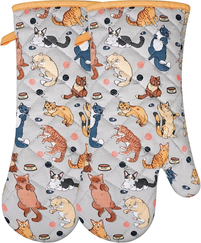 Oven Mitts Cotton Fashion Cute Cat Design 1pair | Heat Resistant Oven Gloves Safe Cooking Baking Grilling Barbecue Machine Washable Pot Holders (Cat)