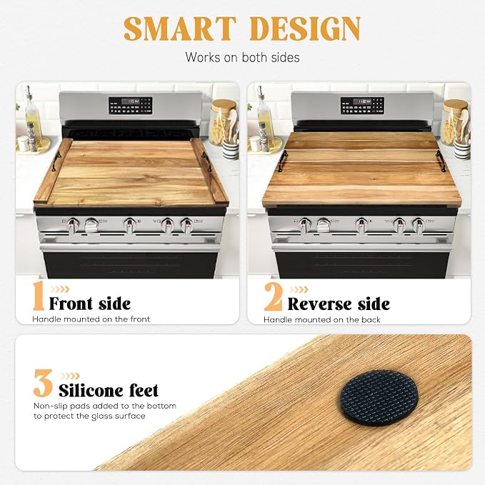 GASHELL Noodle Board Stove Cover with Handles for Electric, Gas Stove Top (Acacia Wood)