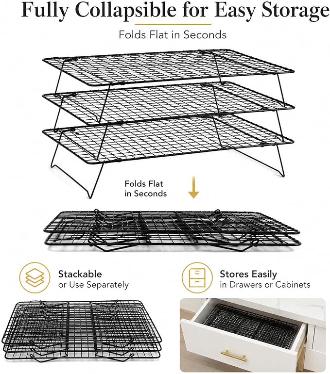 Cooling Rack 16"x10", 3-Tier Stackable & Collapsible Cooling Racks | Cooling Racks for Cooking and Baking, Roasting, Grilling, Oven & Dishwasher Safe (Black, 3-Tier)
