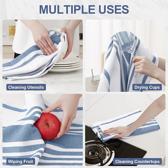Homaxy Premium Cotton Stripe Kitchen Towels 8 Pack, 18"x 28", Navy Blue | Large 380 GSM Kitchen Hand Towels, Soft Terry Dish Towels, Highly Absorbent Tea Towel Set with Hanging Loop