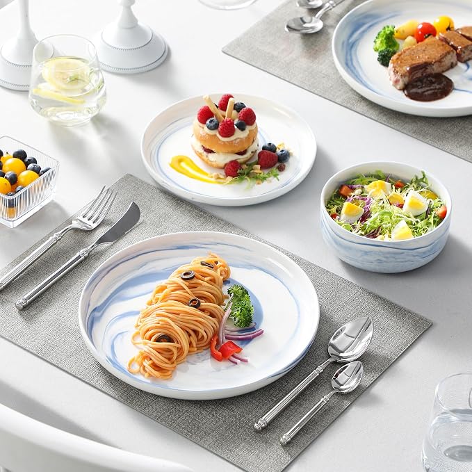 MALACASA 12 Pcs Porcelain Plates and Bowls Sets,Dinnerware Set for 4,Blue | Modern Ceramic Dishware Set,Kitchen Dining Ware,Microwave and Dishwasher Safe,Unique Marble Blue Design,Series LUNA