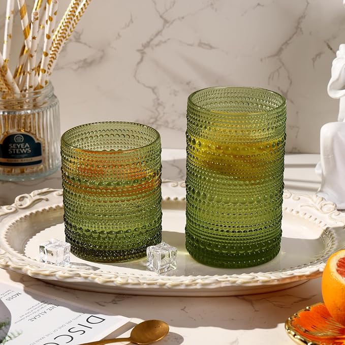 Moretoes Green Hobnail Drinking Glasses Set of 6,Glass Cups | 12 Oz Highball Glasses & 10 Oz Cocktail Glasses, Kitchen Bar Tumbler Glassware Set for Whiskey, Beer, Juice, Milk