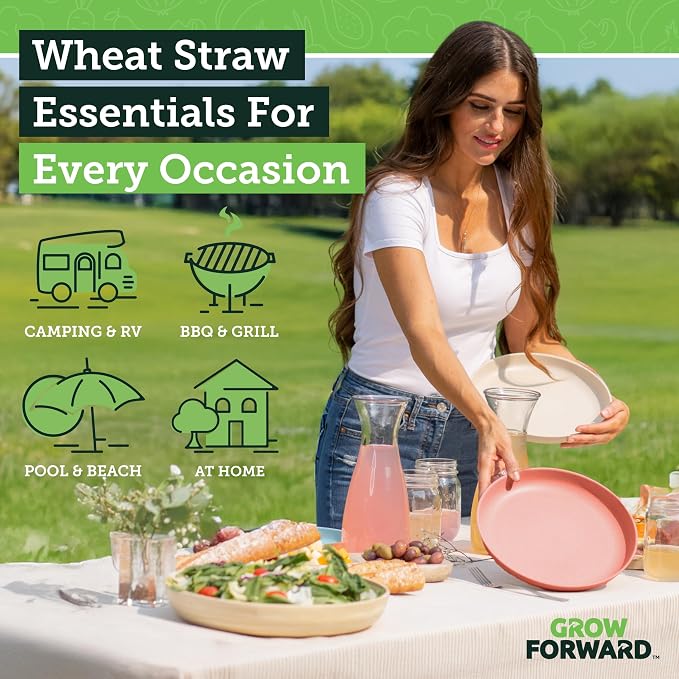 Grow Forward Premium Wheat Straw Plates and Bowls Sets - 8-Piece Wheat Straw Dinnerware Sets - Unbreakable & Reusable Microwave Safe Plastic Dinner Plates for Outdoors, RV, Camping Dishes - Tropical