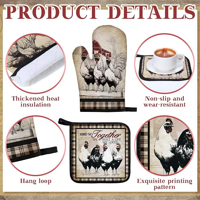 Fourluoo 10 Pcs Barn Chicken Kitchen Dish Towels Rugs Oven Mitts and Pot Holders Set Farmhouse Kitchen Decor Set for Women Mom Daughter Gift Cooking Baking Grilling (Retro Color)