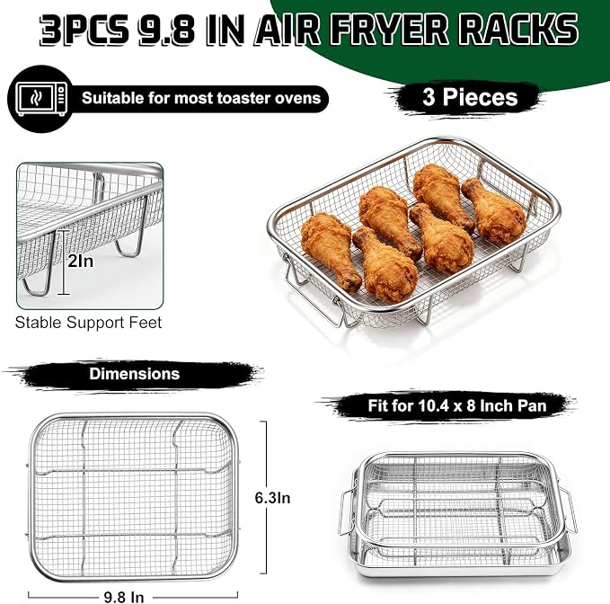 P&P CHEF 9.8 Inch Air Fryer Basket for Oven, Air Fryer Rack, 3 Pieces | Food-grade Stainless Steel Air Fryer Accessories for Frying Cooking Baking Roasting, Ideal for Fried Food, Dishwasher Safe