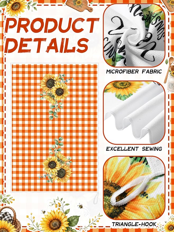 4 Pcs Sunflower Kitchen Towels Burnt Orange Hand Dish Towels Gift | Absorbent Sunshine Grid Fast Drying Tea Dishcloth Housewarming Gift for Cooking Bathroom Kitchen Decor