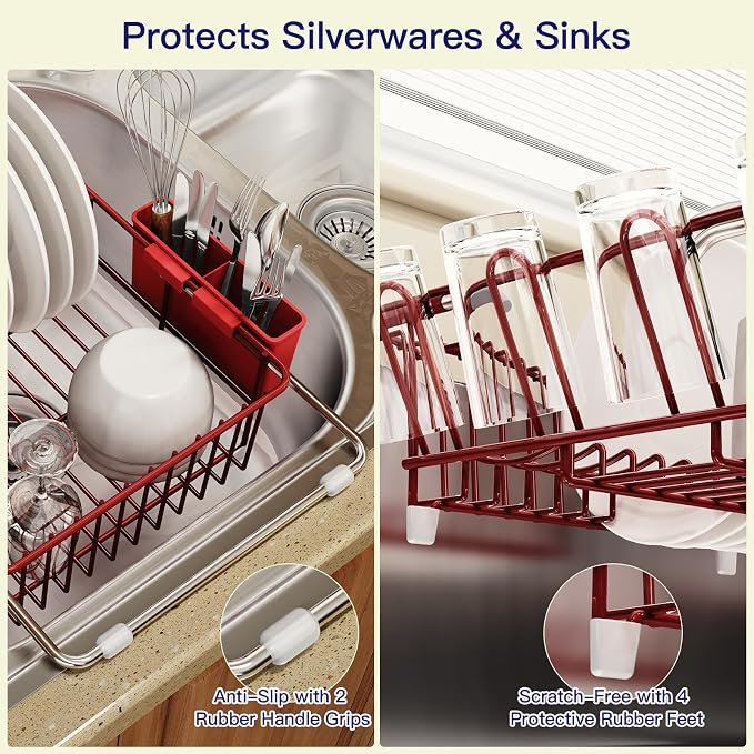 Red Dish Drying Rack Over Sink with Utensil Holder, Drainboard | Expandable Stainless Steel Dish Drainer for Small Kitchen, Apartment, RV, Counter Space Saving, Perfect Fit, Rustproof