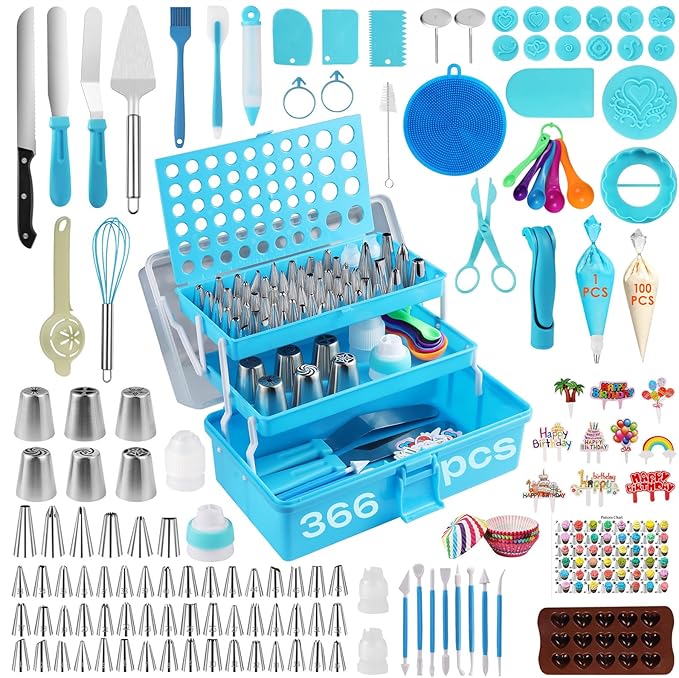 366-Piece Cake Decorating Kit, 60 Piping Tips with Storage Box | Complete set with 60 stainless steel piping tips, 100 piping bags, spatulas, scrapers, molds and a 3-tier storage box.