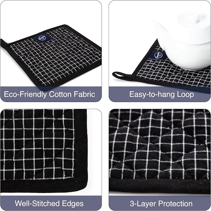 Encasa XO Pot Holders, Quilted Kitchen Hot Pads 8"x8" Butcher Checks Black | 100% Eco-Friendly Cotton | Thick Cotton Padding Insulation | Convenient Hanging Loop | Set of 2