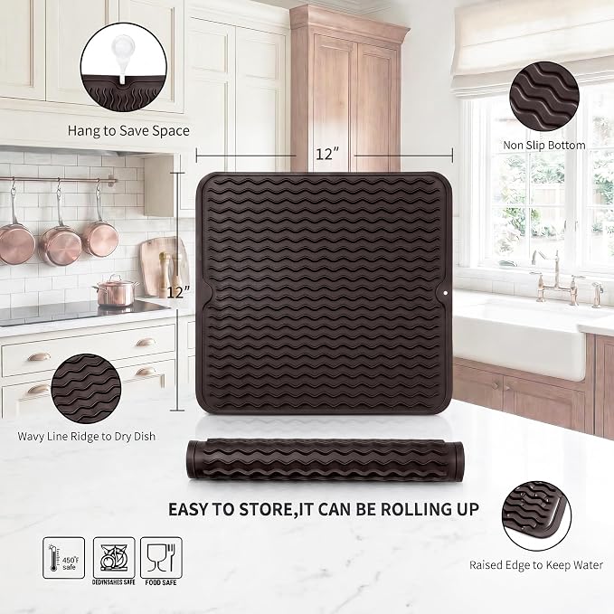 MicoYang Silicone Dish Drying Mat for Multiple Usage,Easy clean,Eco-friendly,Heat-resistant Silicone Mat for Kitchen Counter or Sink,Refrigerator or Drawer liner Coffee M 12 inches x 12 inches