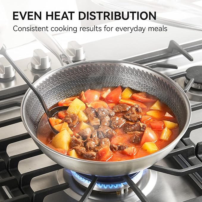 12.2 Inch Stainless Steel Honeycomb Wok Pan with Glass Lid, 3-Ply 18/10 Stainless Steel Stir Fry Pan, Flat Bottom Wok for Induction, Gas, Electric and Glass Stoves, 4.2 QT