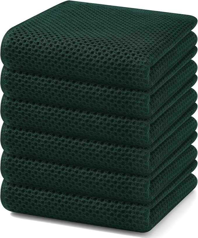 Homaxy 100% Cotton Waffle Weave Kitchen Dish Towels 6-Pack, Blackish Green | 13 x 28 Inches, Ultra Soft Absorbent Dish Towels, Quick Drying Cleaning Towels