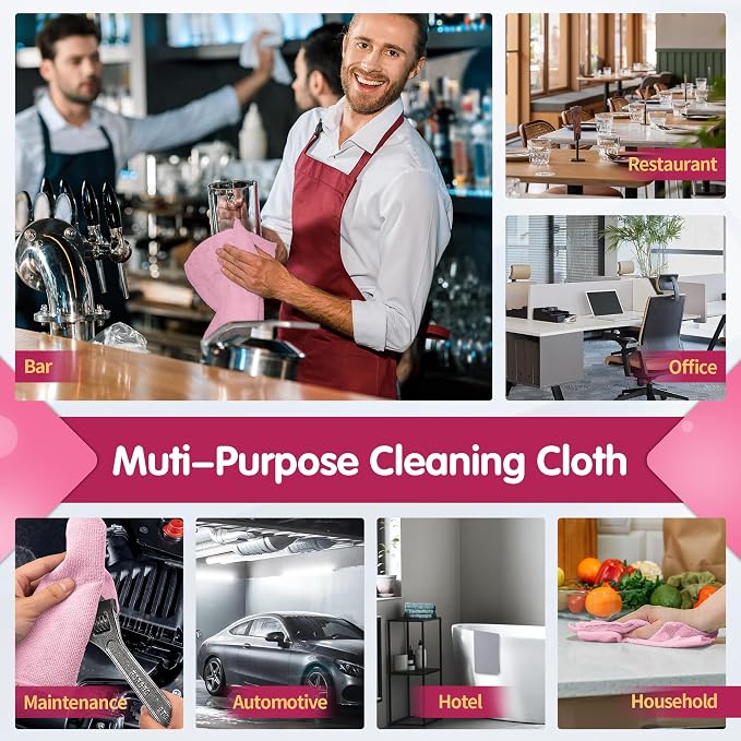 Pink Microfiber Cleaning Cloth -Pack of 8, Highly Absorbent Cleaning Rags, 16"X12" All Purpose Cleaning Towels for Housekeeping, Kitchen, Car, Lint Free and Reusable Microfiber Towels